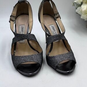 Jimmy Choo Lang AnthraciteGlitter Gunmetal Silver Lamè Ankle Strap Heels Sz‎ 5